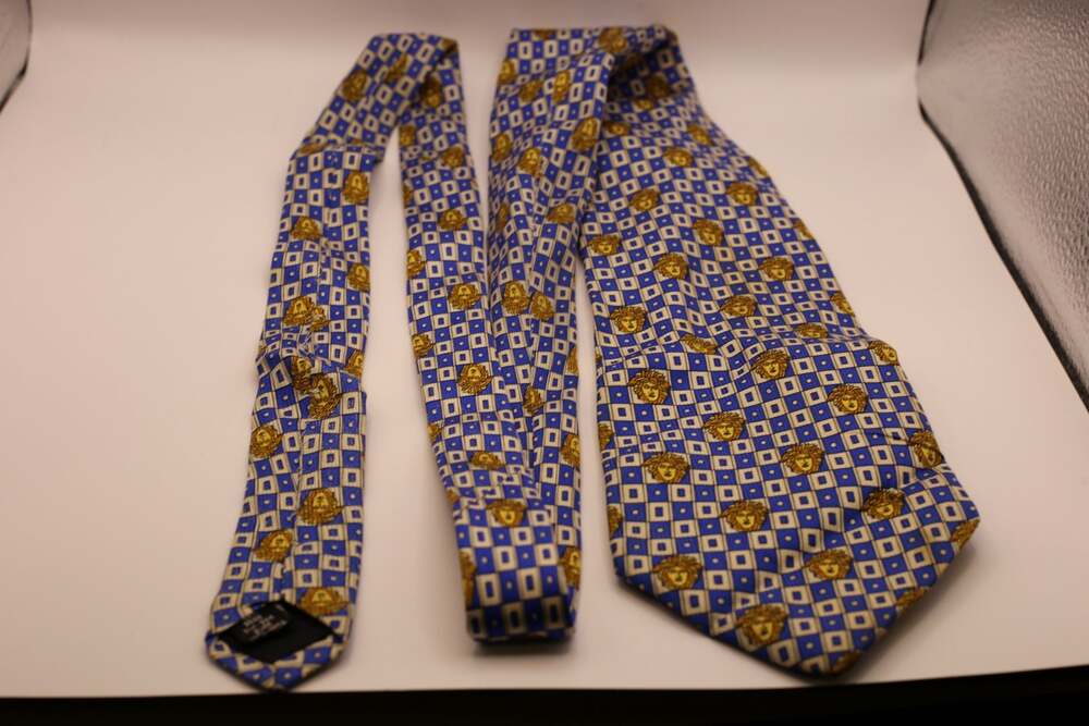 Gianni Versace Blue and Gold Medusa Head Geometric Silk Necktie